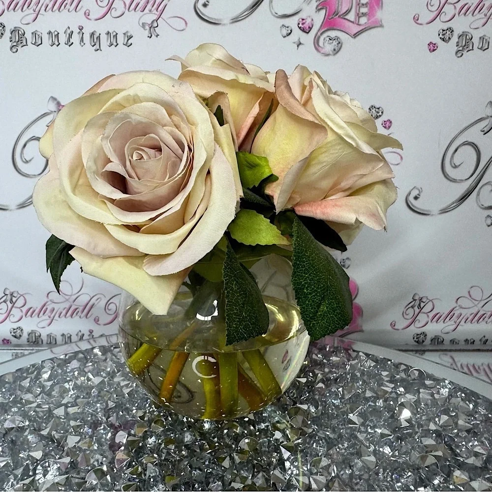 Elegant Cream Rose Arrangement in Glass Vase water look vase pink